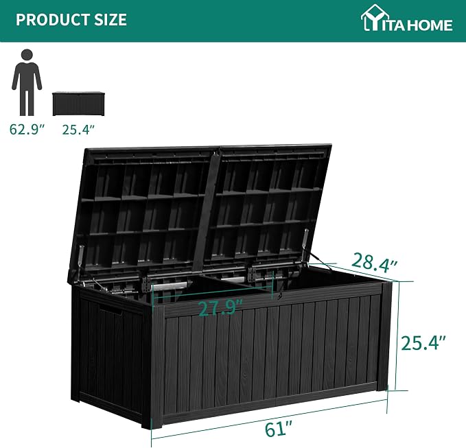 YITAHOME 180 Gallon Large Deck Box w/Divider | XL Waterproof Outdoor Storage for Patio Furniture,Outdoor Cushions, Garden Tools, Sports Equipment and Pool Supplies, Resin