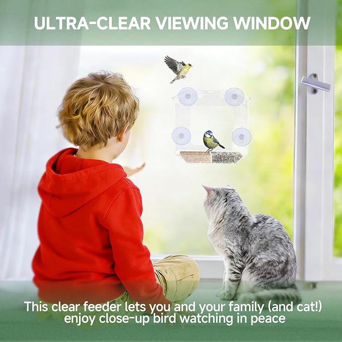 Window Bird Feeder with 4 Extra Strong Suction Cups (2.5 Inch) | Clear Bird Feeder with Dual Seed Tray, Easy to Install and Clean, Birdfeeder for Close-Up Viewing Birds, Bird Watching Gift