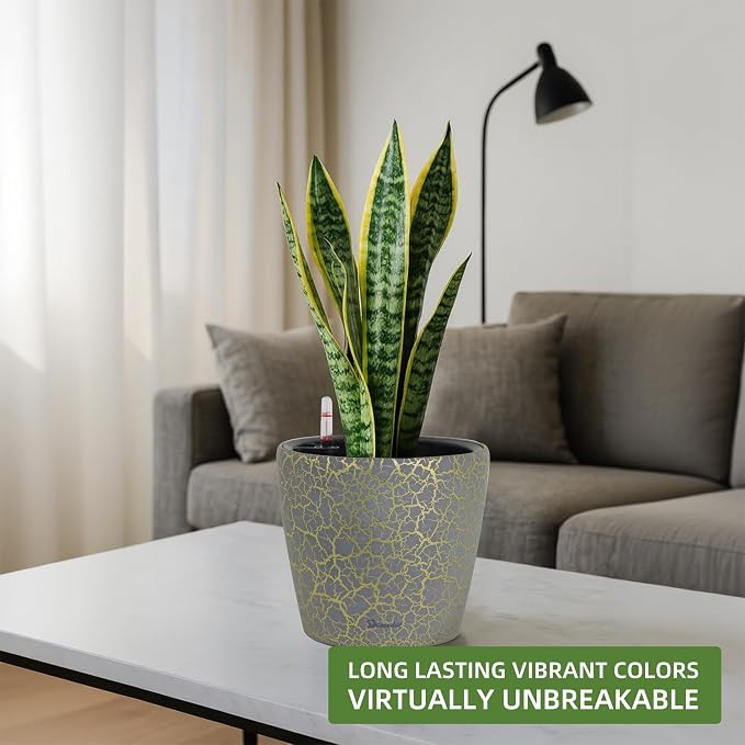 Dexceder 9x8 Self Watering Planter (Grey Gold Crackle) | Inner Pot Design, Thickened Table Flower Plant Pot with Water Level Indicator Indoor Outdoor