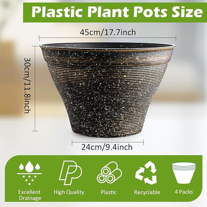 RooTrimmer 18 Inch Large Planters for Indoor Outdoor Plants 4 Pack, Plastic Plant Pots with Drainage Holes, Modern Decorative Garden Pots, Plant Container for Planting Ornamental Plants, Black