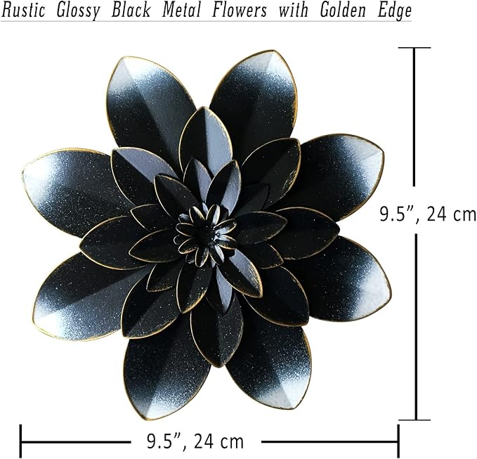 Black Metal Flower Wall Art Decor, 9.5“ Rustic Modern Floral Sculpture, Distressed Hanging Home Decoration Accent Artworks for Indoor Bedroom Living Room Office Outdoor Garden Patio