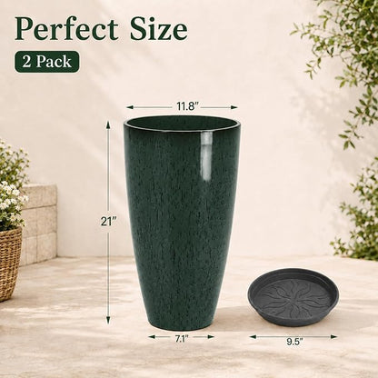 Neoaider Set of 2 Tall Planter, 21 inch Large Plastic Planter, Dark Green | Ceramic-Look, Lightweight, Built-in Drain Hole, Saucers, Tall Outdoor Planter for Porch, Garden, Patio, Balcony