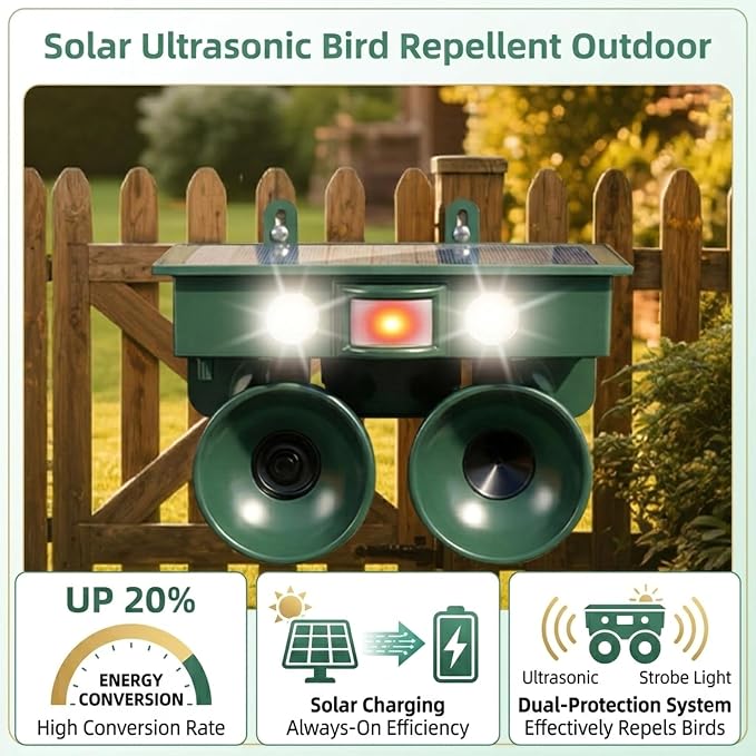 Solar Bird Repeller Outdoor, Woodpecker Deterrent Device for Patio | Ultrasonic Pigeon Waterproof Repellent with Motion Sensor & Flashing Light for Garden&Patio