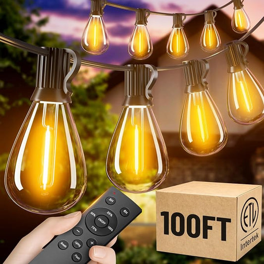100FT Outdoor String Lights with Remote, Waterproof Patio Lights with 35+1 Shatterproof LED Bulbs,Dimmable Hanging Decor for Backyard Garden Porch Bistro, Timer & 3 Modes,2200K Warm White