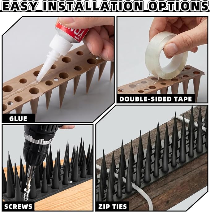 Bird Spikes, 24 Pack, 33.5 FT Total Coverage, Outdoor Bird Deterrent for Pigeons and Small Birds, Helps Keep Cats and Squirrels Away, Plastic Spikes for Fences, Railings and Roofs, Black