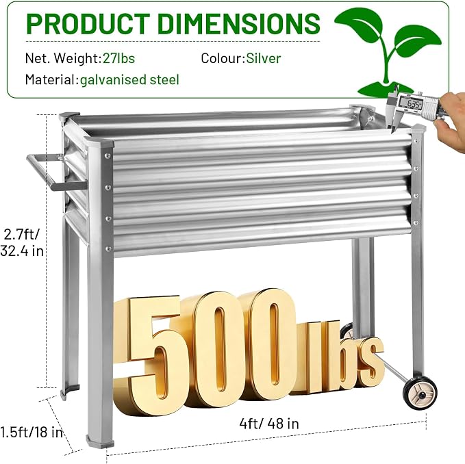 Land Guard 2 Pack Galvanized Raised Garden Bed with Legs & Wheels, 48×18×32in Metal Elevated Raised Planter Box for Backyard, Patio, Balcony, 500lb Capacity, Silver