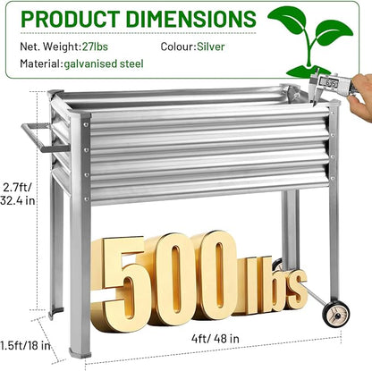 Land Guard 2 Pack Galvanized Raised Garden Bed with Legs & Wheels, 48×18×32in Metal Elevated Raised Planter Box for Backyard, Patio, Balcony, 500lb Capacity, Silver