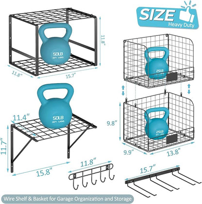 ThreeHio Garage Shelf Wall Mounted with Wire baskets, Heavy Duty Garage Wall Shelving with Garden Tool Rack and Hooks, Wire Shelf Baskets Tool Organizer for Home Garden Yard Organization and Storage