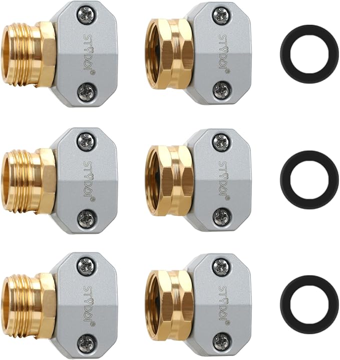 STYDDI Garden Hose Repair Connector Fitting, Aluminum Mender Female and Male Hose End Connector with Zinc Clamp, Fit 5/8-Inch and 3/4-Inch Garden Hose, 3 Sets