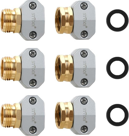 STYDDI Garden Hose Repair Connector Fitting, Aluminum Mender Female and Male Hose End Connector with Zinc Clamp, Fit 5/8-Inch and 3/4-Inch Garden Hose, 3 Sets
