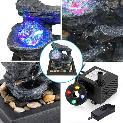 Indoor Tabletop Water Fountain Rotating Ball Rock Waterfall Fountain with Colorful Lights and Natural River Rocks, Zen Meditation for Home Office Decor (B)