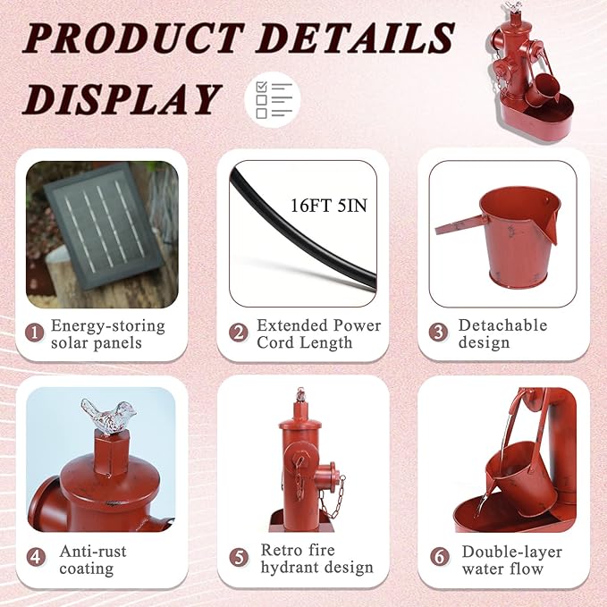 Metal Solar Powered Water Fountain with Backup Battery,Outdoor Fountains | water fountain outdoor;Solar Fountain Bird Bath for Garden, Patio & Yard Decor,Working at Night for at Least 6 Hours (red)