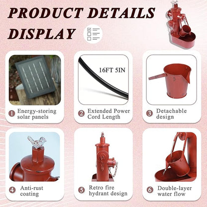 Metal Solar Powered Water Fountain with Backup Battery,Outdoor Fountains | water fountain outdoor;Solar Fountain Bird Bath for Garden, Patio & Yard Decor,Working at Night for at Least 6 Hours (red)