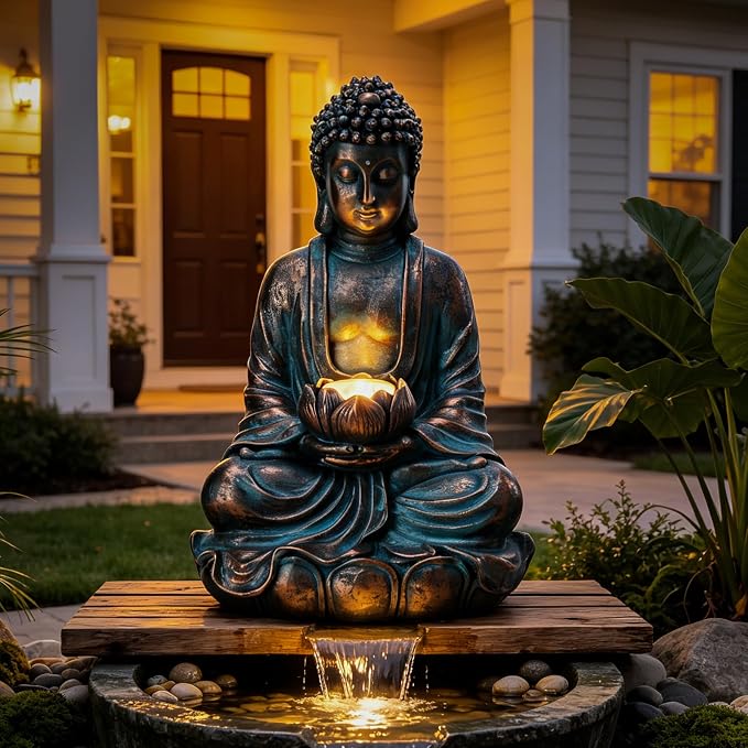 Bshine Solar Buddha Statue Outdoor Lights - 11x6 Inch Waterproof Garden Statue with Lotus, Meditation Zen Spiritual Room Decor for Yard