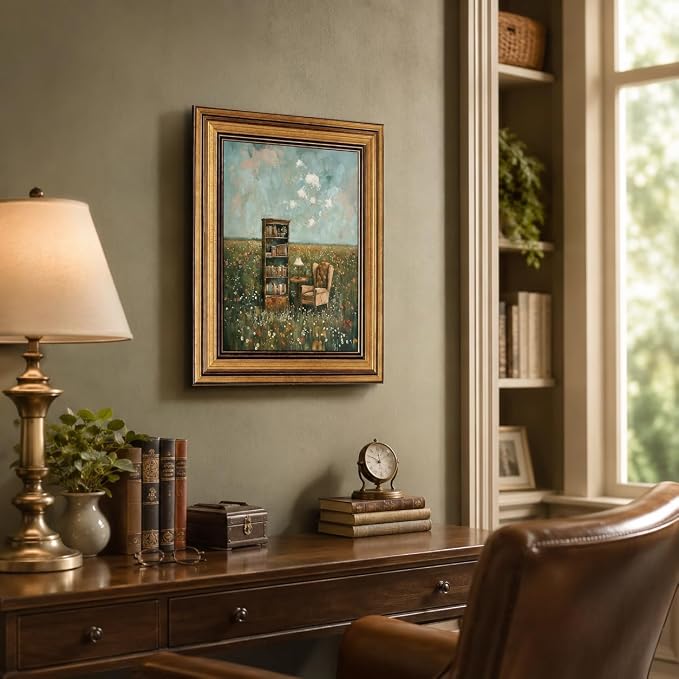 Gold Framed Vintage Book Nook Canvas Wall Art for Library Reading Room,Whimsical Bookshelf Print Pictures, Book Lover Wall Decor 12"x16"