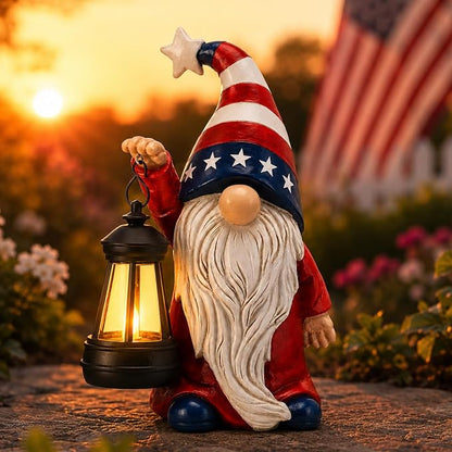 Solar Patriotic Gnome Lantern Statue, 9.4" Independence Day Garden Decor, American Flag Gnome Outdoor Decorations for Patio, Yard, Porch, and Lawn; Memorial Day and 4th of July Decor