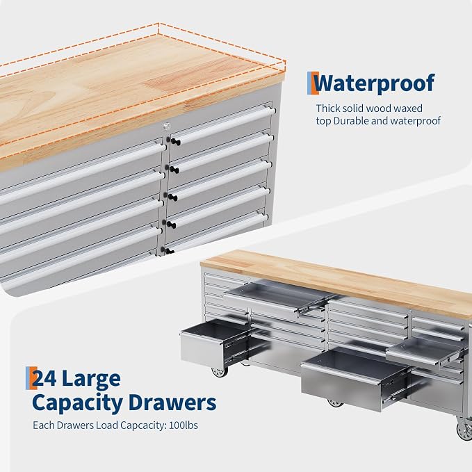 GarveeTech 96-Inch Heavy-Duty Rolling Tool Chest & Mobile Workbench, 24 Drawers, Rubber Wood Tabletop, Key Locking System, Drawer Liners, 6 Wheels, Steel Storage Cabinet for Garage
