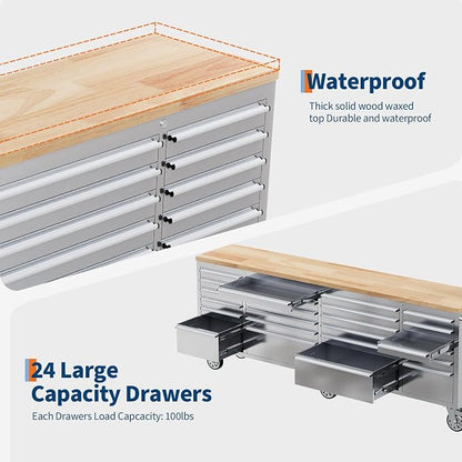 GarveeTech 96-Inch Heavy-Duty Rolling Tool Chest & Mobile Workbench, 24 Drawers, Rubber Wood Tabletop, Key Locking System, Drawer Liners, 6 Wheels, Steel Storage Cabinet for Garage