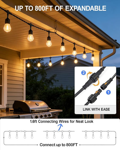 Gmnee 50FT Outdoor String Lights for Patio, Balcony & Porch – 32 LED Edison Bulbs (1.6FT Spacing), Dimmable Heavy-Duty Patio Lights for Backyard, Gazebo, Bistro, Party and Garden Decor (Plug in)
