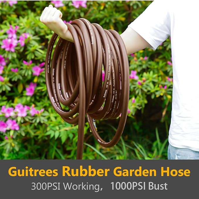 Guitrees Garden Hose 50FT x 5/8", Heavy Duty Rubber Hose, Water Hose with Five Layered Braiding, Male to Female Fittings, 1000PSI Burst, 300PSI Working (Brown)