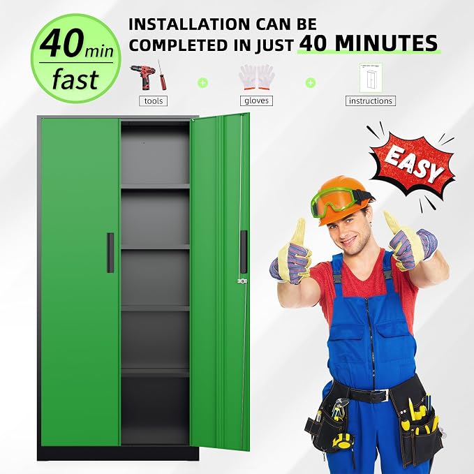 INTERGREAT Metal Storage Cabinet, 72" Locking Steel Cabinets with 2 Door and 4 Adjustable Shelves, Tall Metal Cabinet for Home Office, Garage, Warehouse,(Black+Green)