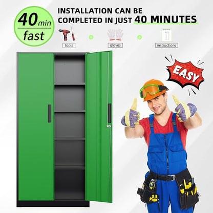 INTERGREAT Metal Storage Cabinet, 72" Locking Steel Cabinets with 2 Door and 4 Adjustable Shelves, Tall Metal Cabinet for Home Office, Garage, Warehouse,(Black+Green)