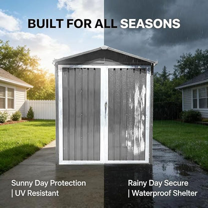 Outdoor Metal Storage Shed with Window,10x6.64 FT Motorcycle Storage Shed, Waterproof Heavy Duty Outdoor Storage for Garden Tools Sports Equipment,No Tracks & Fixtures,Grey+White
