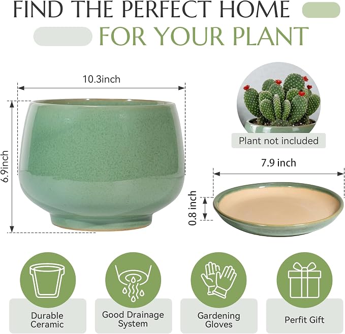10.3 Inch Flower pots for Indoor Outdoor Plants with Saucer Drainage Leak-Proof Mesh, Ceramic Planter with Gardening Gloves for Succulent and Flower (Crackled Green)