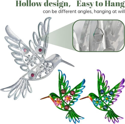 2 Pack Metal/Glass Hummingbird Wall Decor, 12.4" Outdoor Fence Wall Art Decor, Wall Sculpture Hanging Decoration Perfect for Garden Yard Living Room Bedroom Patio Balcony