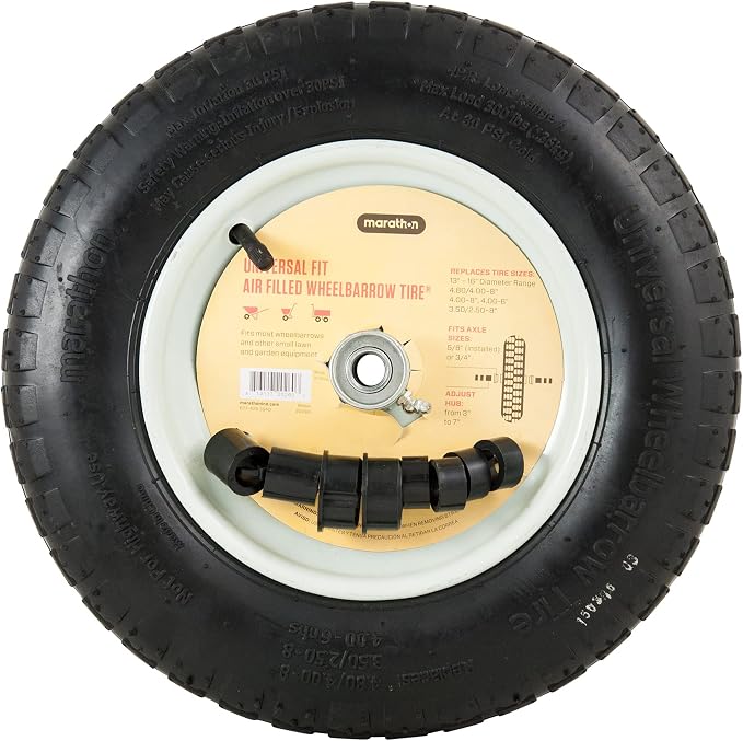 Marathon 14.5" Universal Replacement Wheelbarrow Wheel with Adapter Kit, Black