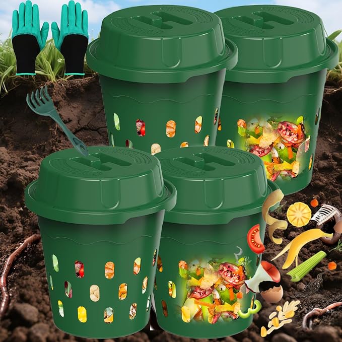 4-Pack Inground Worm Composter, 8L Outdoor Worm Farm, Worm Compost Bin for Garden Beds & Home Use, Vermicomposting Bin for Recycling Food Waste (9.5x9.5x10.8Inch), Green