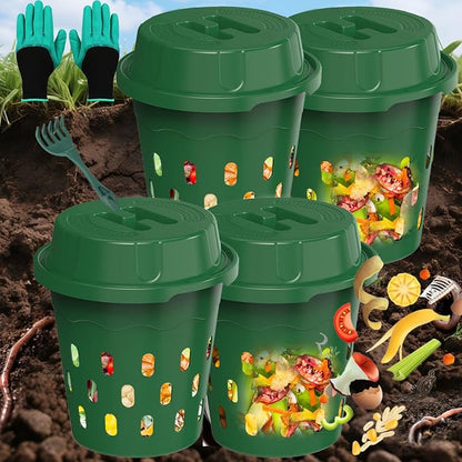 4-Pack Inground Worm Composter, 8L Outdoor Worm Farm, Worm Compost Bin for Garden Beds & Home Use, Vermicomposting Bin for Recycling Food Waste (9.5x9.5x10.8Inch), Green