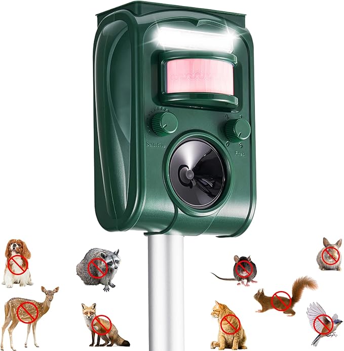 Adjustable-Mode Solar Ultrasonic Animal Repellent, Squirrel Deer Cat Raccoon Repellent Device, Outdoor Waterproof Motion Detection Animal Deterrent, Rabbit Dog Deterrent for Yard, 1P Dark Green