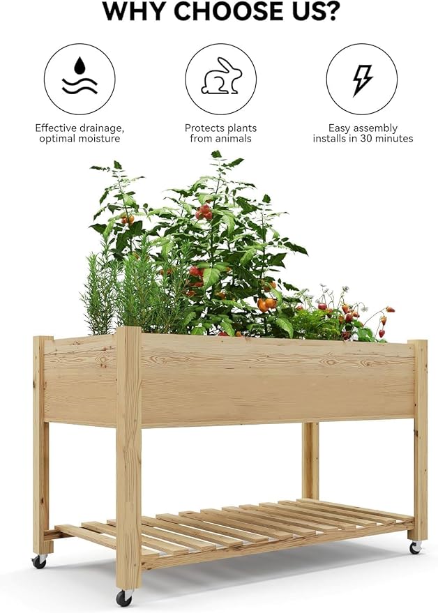 Tall Wooden Raised Garden Bed with Wheels & Storage, 48x24x32 Inch Elevated Planter Box with Waterproof Liner, Mobile Indoor/Outdoor Planters for Vegetables, Herbs, Flowers on Patio, Balcony & Yard