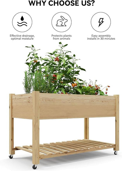 Tall Wooden Raised Garden Bed with Wheels & Storage, 48x24x32 Inch Elevated Planter Box with Waterproof Liner, Mobile Indoor/Outdoor Planters for Vegetables, Herbs, Flowers on Patio, Balcony & Yard