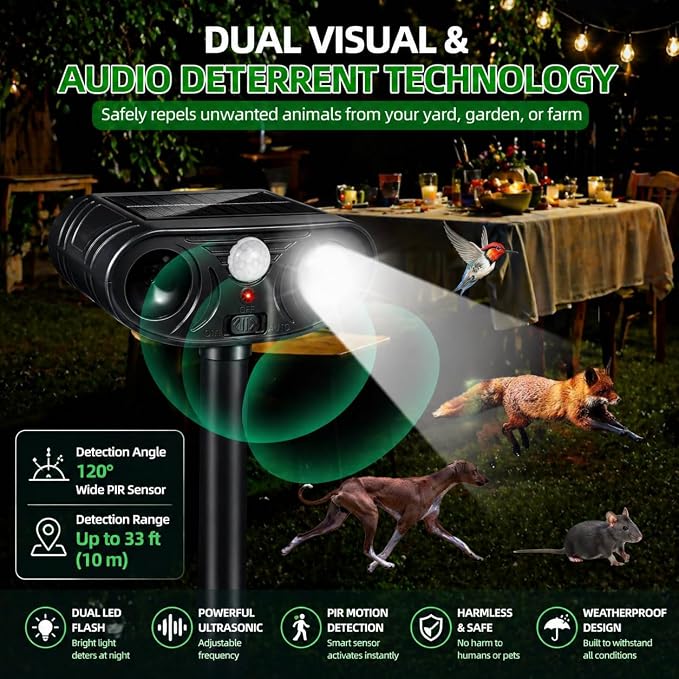 4 Pack Sonic Fortress Pro Deer Repellent Solar Animal Deterrent Outdoor | Motion Activated Deer Repellent Device Cat Deterrent Outdoor Squirrel Raccoon Fox Rabbit Repeller for Garden Yard Farm