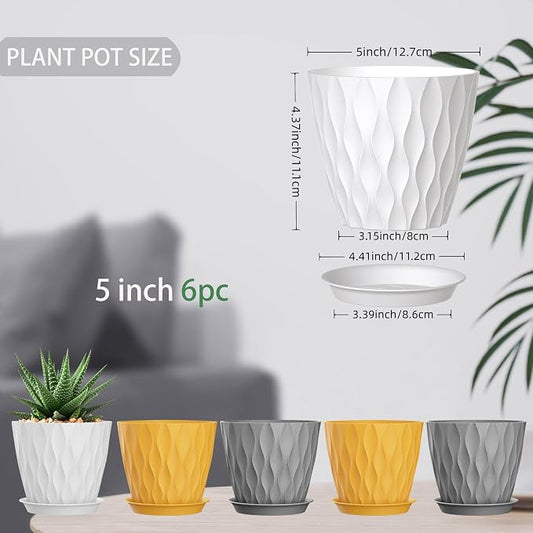 5 Inch Planter Pots, 6 Pack Indoor Planters, Small Flower Pots with Drainage Holes and Tray for Succulents, Orchids, Herbs and Other Indoor Plants (Orange+Grey+White, 5inch)