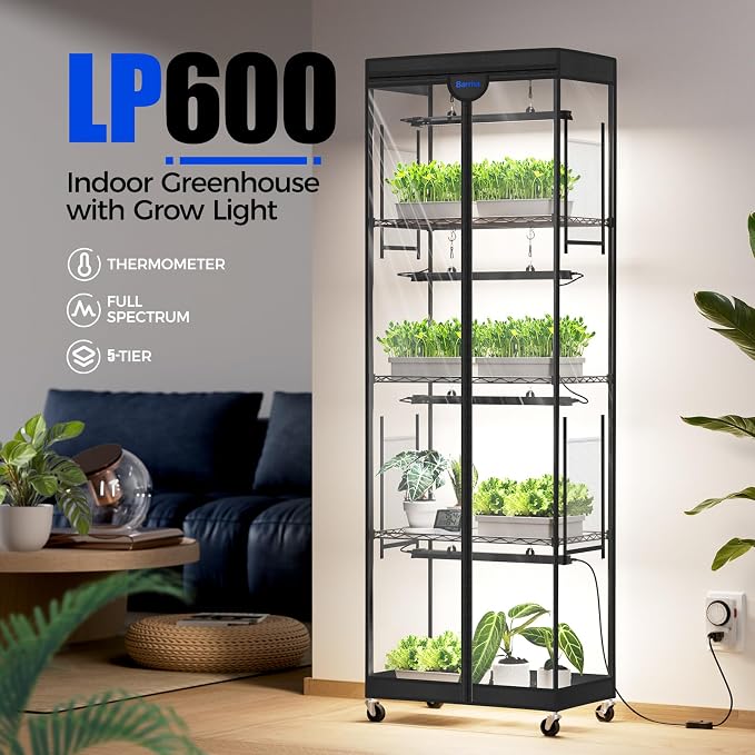 Barrina LP600 Mini Greenhouse with Grow Lights, 5-Tier Plant Stand with 100W TX-S25 1.6FT 5000K Full Spectrum Plant Shelf with Tent, Timer & Thermometer for for Seed Trays Growth, 23.6 x 13.8 x 70.9IN
