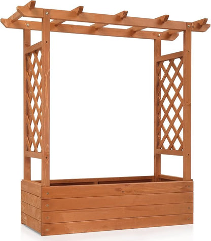 Vasitelan Raised Garden Bed with Trellis, Wooden Elevated Planter Box w/Drainage Holes & Removable Bottom Panels for Climbing Vine Flower, Indoor Outdoor Wood Planter for Yard Patio (Wood Color)