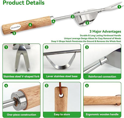 2 Pack Garden Weeding Tools, Stainless Steel V-Shaped Weed Puller & Root Hook Weeder, Heavy Duty Hand Weeder with Ergonomic Wooden Handle for Dandelion, Root Removal, Lawn and Garden