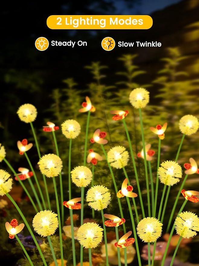 EEW Solar Garden Lights Outdoor 8 Pack 64 LED Swaying Dandelion Bee Lights | 2 Modes (Steady on, Slow Twinkle),Cute Flower Pathway Lights for Yard Lawn Patio Party Garden Wedding Pathway Decorations