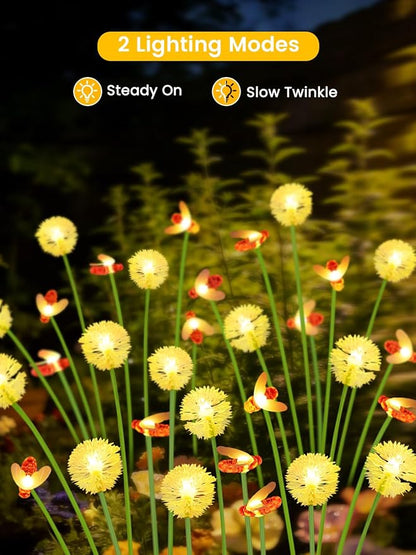 EEW Solar Garden Lights Outdoor 8 Pack 64 LED Swaying Dandelion Bee Lights | 2 Modes (Steady on, Slow Twinkle),Cute Flower Pathway Lights for Yard Lawn Patio Party Garden Wedding Pathway Decorations