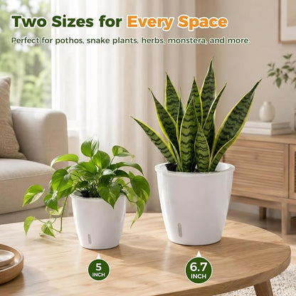 Upgraded Self Watering Pots for Indoor Plants, 3-Pack 6.7 Inch Top-Fill Self Watering Planter with Water Window, Orchid Pots, Clear Wick Inner Basket with Drainage, White