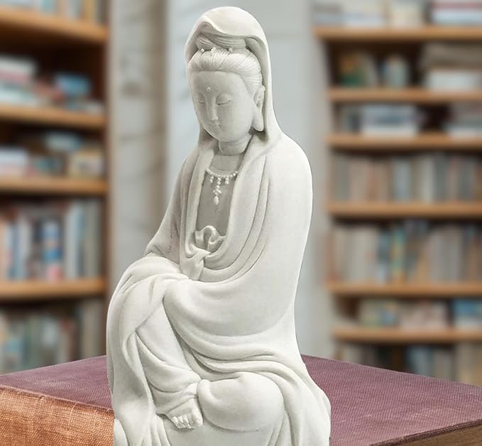 Bellaa Kwan Yin Buddha Statue - 11" White Marble Powder Lady Buda Kuan Guanyin Goddess of Mercy Sculpture - Meditation Decor for Home, Office & Zen Garden 22654