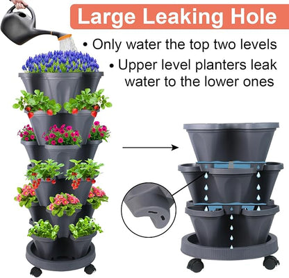 GameXcel Vertical Planter Tower - 6 Tier Stackable Garden Planters with Wheels and Tools Plant Pots for Strawberry Herb Flower and Vegetable Indoor Outdoor Use Dark Gray