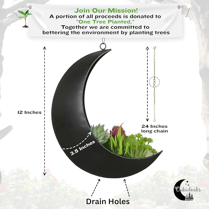 Black Hanging Moon Planter with Drain Holes - Moon Room Decor - Unique Planters for Succulents,Air Plant, Cactus, Artificial Plants- Plant Lover Gifts - Boho,Hippie, Birthdays,Witchy Gifts for Women