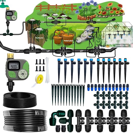 Drip Irrigation System with Timer for Garden,Main ID 1/2inch 16.5Ft and 1/4inch 96Ft Water Hose, Automatic Watering Watering System Sufficient Water Irrigation Dripper Waterflow Evenly Easy DIY Green