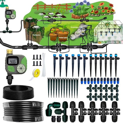Drip Irrigation System with Timer for Garden,Main ID 1/2inch 16.5Ft and 1/4inch 96Ft Water Hose, Automatic Watering Watering System Sufficient Water Irrigation Dripper Waterflow Evenly Easy DIY Green