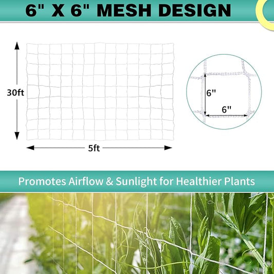 5X 30 Ft Nylon Trellis Netting, 6×6 Heavy Duty Trellis Mesh Garden Netting for Climbing Plants, Use for Tomatoes, Cucumbers, Peas, Grape Racks