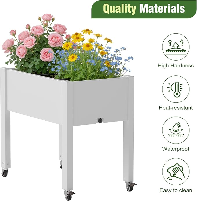 Elevated Raised Garden Bed with Wheels,Planter Box,Ashen-26.3" h | Resin Planter Box with Drainage Holes, Water Monitor, Wheels for Garden Patio Backyard